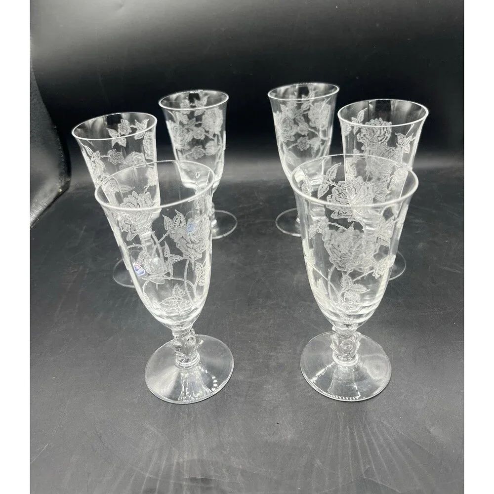 Heisey Rose Etched Crystal Water Goblets Set of 6 Vintage 5.5” Original Labels
